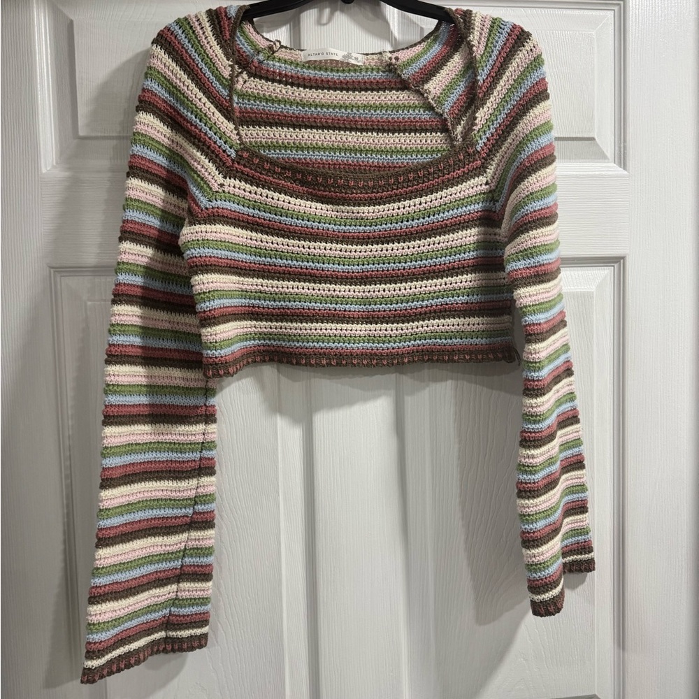 Altar'd State Pastel Striped Crochet Top in Pink, Blue, Green, Brown